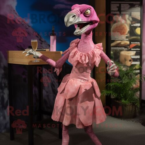 Personnage De Costume De Mascotte Redbrokoly De Deinonychus Rose Habillé D'une Robe De Cocktail Et De Portefeuilles