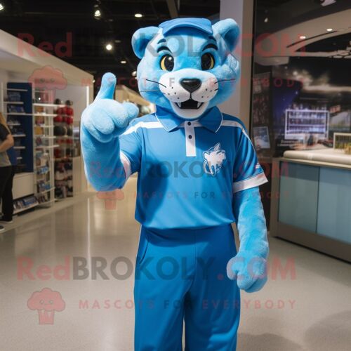 Personnage De Costume De Mascotte Redbrokoly Puma Bleu Ciel Habillé D'un Polo Et De Gants