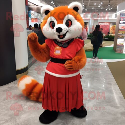 Personnage De Costume De Mascotte Redbrokoly De Panda Rouge Orange Habillé D'une Jupe Trapèze Et De Porte-Monnaie
