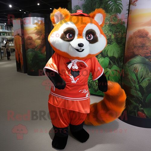 Personnage De Costume De Mascotte Redbrokoly De Panda Rouge Orange Habillé D'une Jupe Trapèze Et De Porte-Monnaie