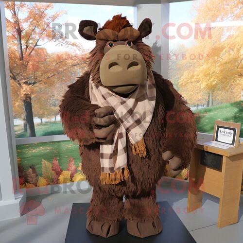 Personnage De Costume De Mascotte Redbrokoly De Rhinocéros Laineux Marron Habillé D'une Chemise De Ville Et De Clips D'écharpe