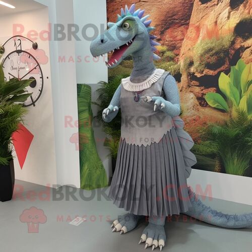 Mascotte Redbrokoly De Personnage De Spinosaurus Gris Habillé D'une Maxi Dress Et De Montres Bracelet