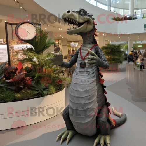 Mascotte Redbrokoly De Personnage De Spinosaurus Gris Habillé D'une Maxi Dress Et De Montres Bracelet