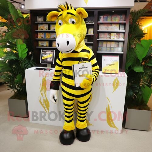 Personnage De Costume De Mascotte Redbrokoly De Zèbre Jaune Citron Habillé D'un Polo Et De Portefeuilles