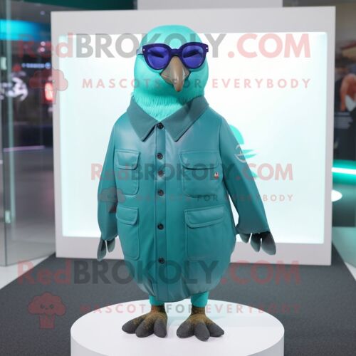 Personnage De Costume De Mascotte Redbrokoly De Pigeon Bleu Sarcelle Habillé D'un Manteau Et De Lunettes De Soleil