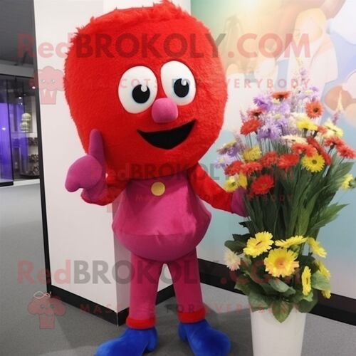 Personnage De Costume De Mascotte Redbrokoly De Bouquet De Fleurs Rouges Habillé D'un Pantalon Et De Porte-Clés