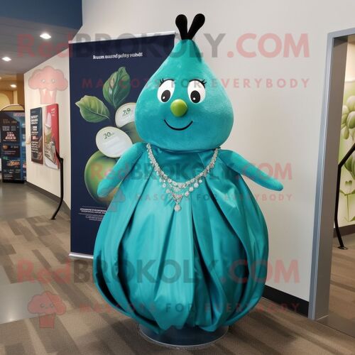 Personnage De Costume De Mascotte Redbrokoly De Poire Sarcelle Habillé D'une Robe De Soirée Et De Porte-Clés