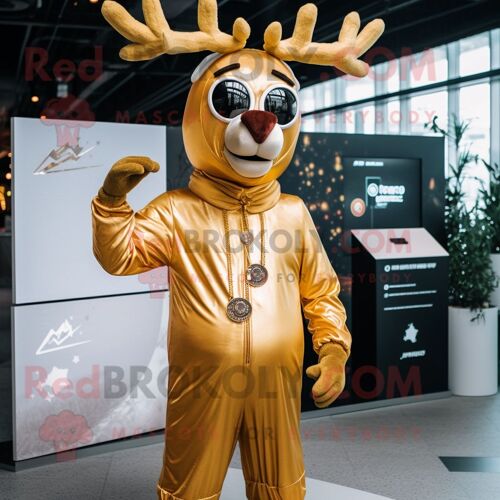 Personnage De Costume De Mascotte Redbrokoly De Renne Doré Habillé D'une Combinaison Et De Porte-Clés