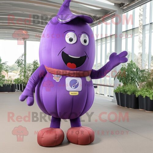 Personnage De Costume De Mascotte Redbrokoly D'aubergine Violette Habillé D'un Pantalon Cargo Et De Bracelets De Cheville