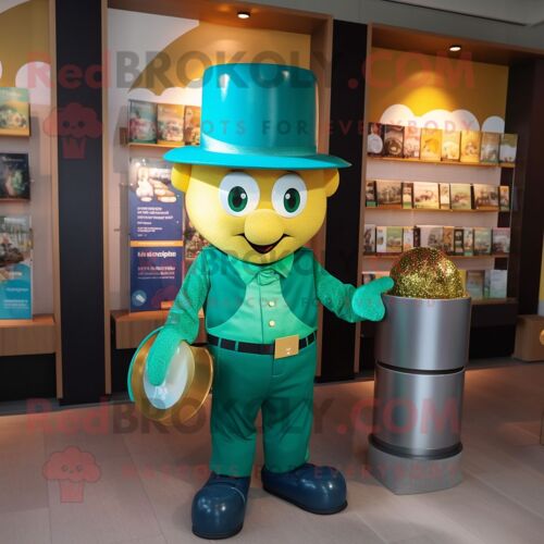 Personnage De Costume De Mascotte Redbrokoly Teal Pot Of Gold Habillé D'un T-Shirt Graphique Et De Chapeaux