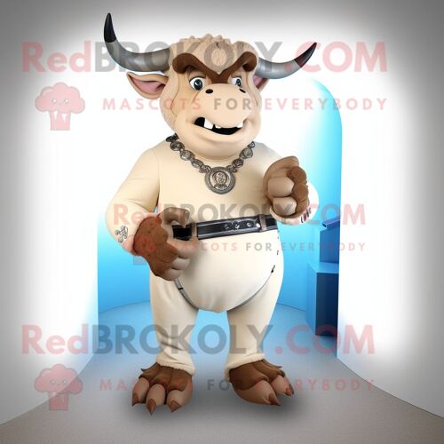 Mascotte Redbrokoly De Personnage De Minotaure Beige Habillé D'un Jean Et De Bagues