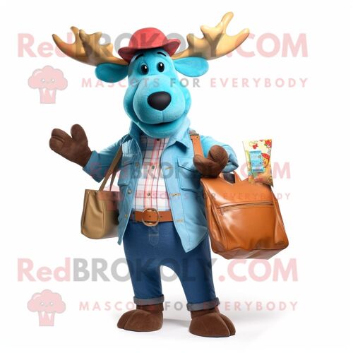 Personnage De Costume De Mascotte Redbrokoly Cyan Moose Habillé D'une Chemise En Jean Et De Portefeuilles