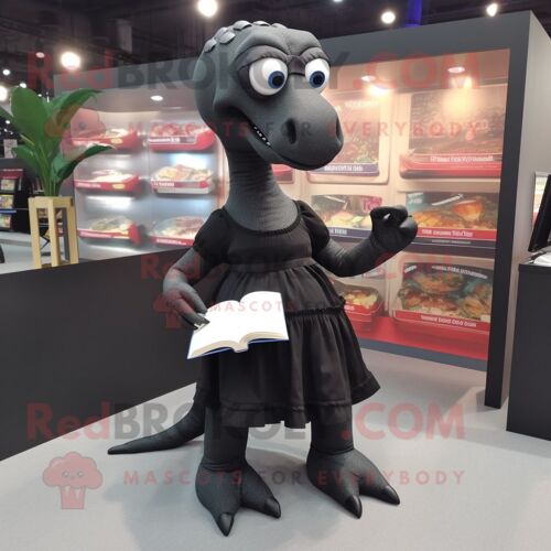 Personnage De Costume De Mascotte Redbrokoly De Diplodocus Noir Habillé D'une Mini Jupe Et De Lunettes De Lecture