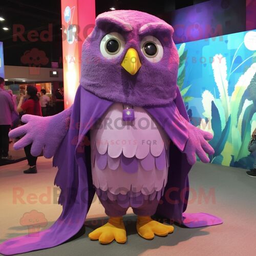 Personnage De Costume De Mascotte Redbrokoly De Hibou Violet Habillé D'un Pantacourt Et De Châles