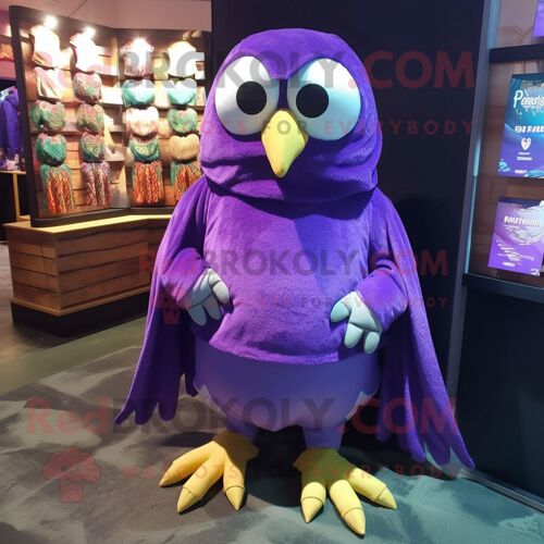 Personnage De Costume De Mascotte Redbrokoly De Hibou Violet Habillé D'un Pantacourt Et De Châles