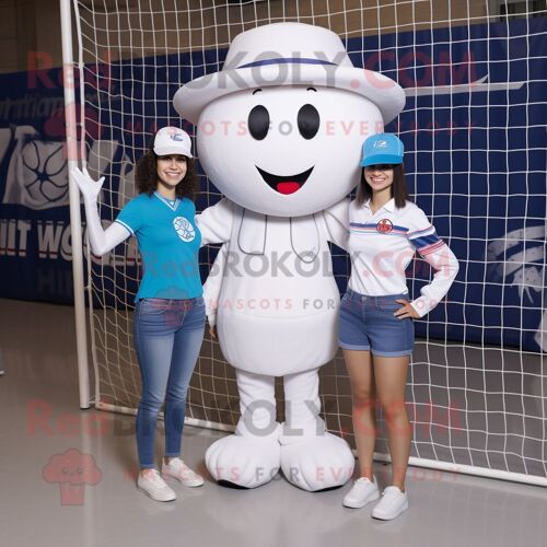 Personnage De Costume De Mascotte Redbrokoly De Volley-Ball Blanc Vêtu D'un Jean Et De Chapeaux De Maman