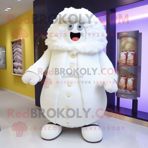 Mascotte Redbrokoly De Personnage De Bonbon Blanc Habillé D'un Manteau Et De Pochettes