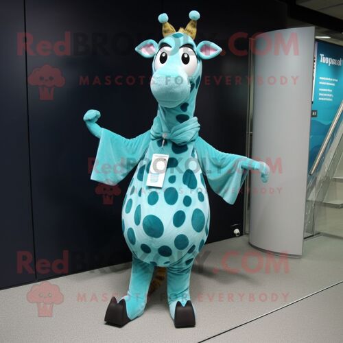 Personnage De Costume De Mascotte Redbrokoly De Girafe Bleu Sarcelle Habillé D'une Jupe Portefeuille Et De Coussinets Pour Les Pieds