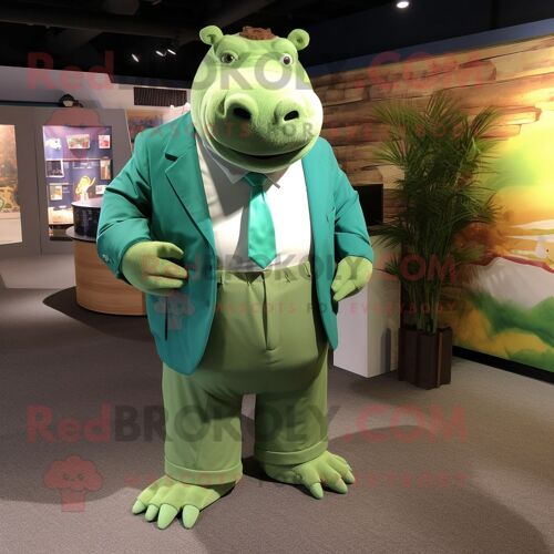Personnage De Costume De Mascotte Redbrokoly D'hippopotame Vert Habillé D'une Chemise Oxford Et De Boutons De Manchette
