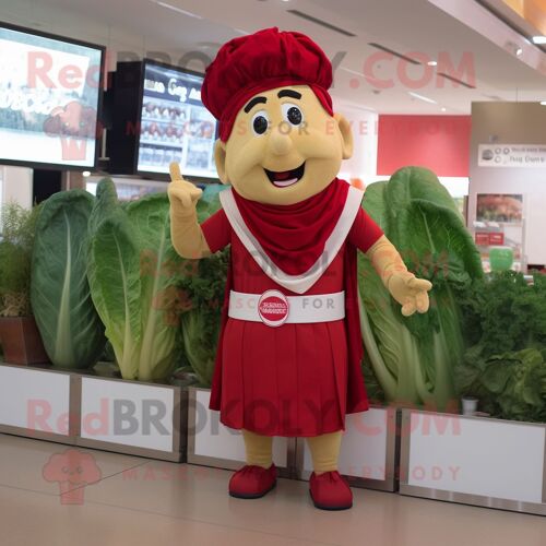 Personnage De Costume De Mascotte Redbrokoly De Salade César Rouge Habillé Avec Une Barboteuse Et Des Wraps