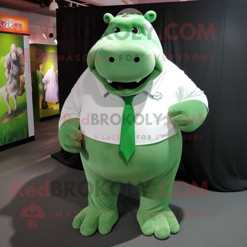 Personnage De Costume De Mascotte Redbrokoly D'hippopotame Vert Habillé D'une Chemise Oxford Et De Boutons De Manchette