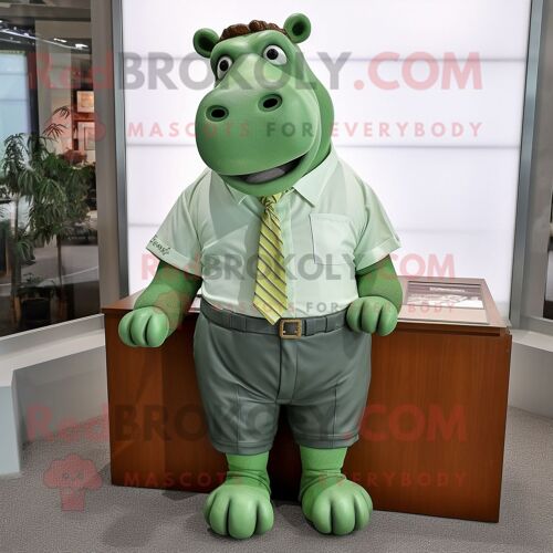 Personnage De Costume De Mascotte Redbrokoly D'hippopotame Vert Habillé D'une Chemise Oxford Et De Boutons De Manchette