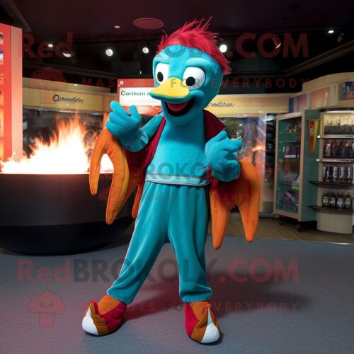 Personnage De Costume De Mascotte Redbrokoly Teal Fire Eater Habillé D'un Pantacourt Et De Mitaines