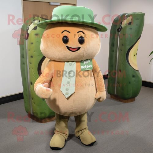 Personnage De Costume De Mascotte Redbrokoly De Melon Beige Vêtu D'un Pantalon En Velours Côtelé Et D'épingles À Chapeau