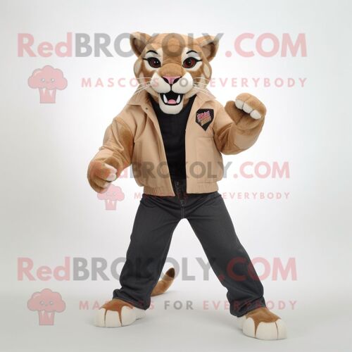Personnage De Costume De Mascotte Redbrokoly Tan Mountain Lion Habillé D'une Veste En Cuir Et De Pinces À Chaussures