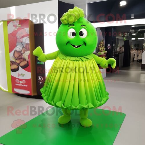 Personnage De Costume De Mascotte Redbrokoly De Chocolats Vert Citron Vêtu D'une Jupe Plissée Et D'épingles À Cheveux