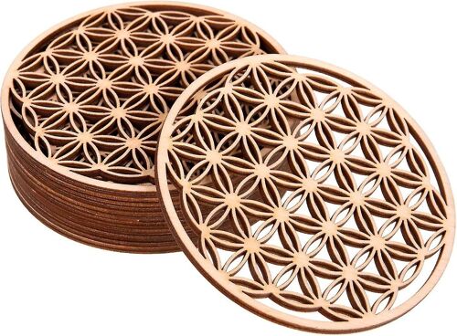 Sous-Verres En Bois De Bouleau Avec Design Flower Of Life - 10 Pièces, Taille 10x10 Cm. - Panneau En Bois Sous Verre. Une Décoration Parfaite Pour Votre Maison, Bar (Flowe