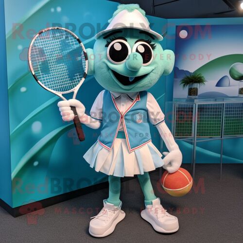 Personnage De Costume De Mascotte Redbrokoly De Raquette De Tennis Bleu Sarcelle Habillé D'un Chemisier Et De Boutons De Manchette