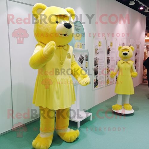 Personnage De Costume De Mascotte Redbrokoly D'ours Jaune Citron Habillé D'une Robe Droite Et De Broches