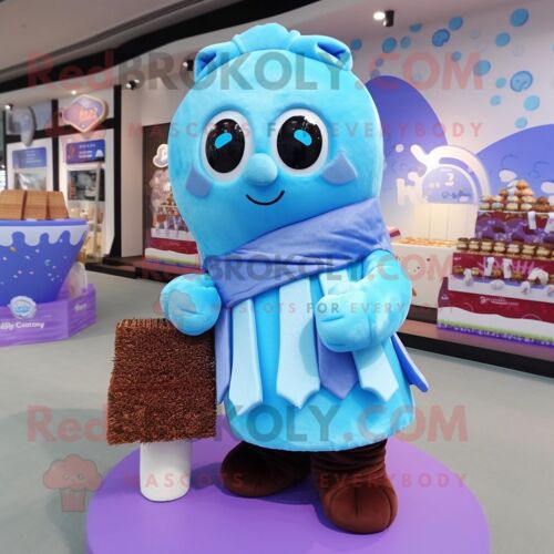 Personnage De Costume De Mascotte Redbrokoly De Chocolats Bleu Ciel Habillé D'un Pull Et D'écharpes