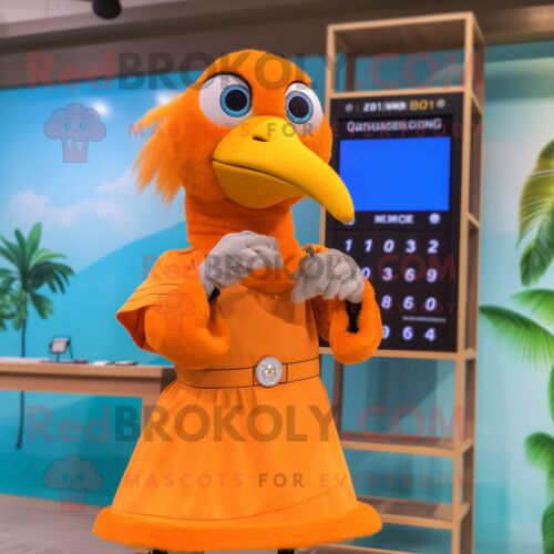 Personnage De Costume De Mascotte Redbrokoly Dodo Bird Orange Habillé D'une Robe Midi Et De Montres Numériques
