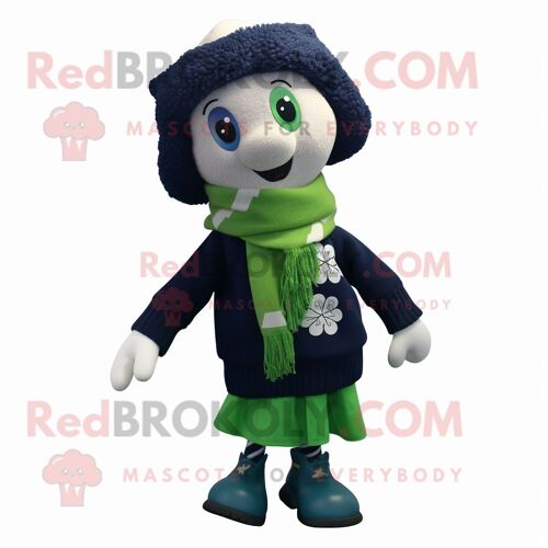 Personnage De Costume De Mascotte Redbrokoly De Trèfle À Quatre Feuilles Bleu Marine Habillé D'un Pull Et De Clips D'écharpe