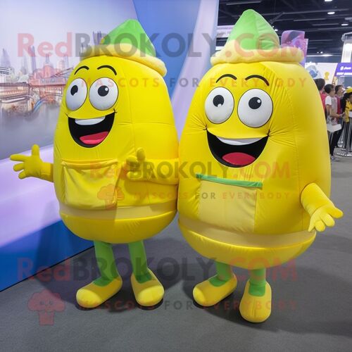 Personnage De Costume De Mascotte Redbrokoly De Hamburgers Jaune Citron Habillé D'un Chemisier Et De Sacs À Dos