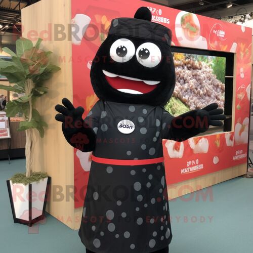 Mascotte Redbrokoly De Personnage De Sushi Noir Habillé D'une Robe Droite Et De Boutons De Manchette