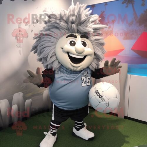 Mascotte Redbrokoly De Personnage De Ballon De Rugby Gris Habillé D'un Coupe-Vent Et D'épingles À Cheveux