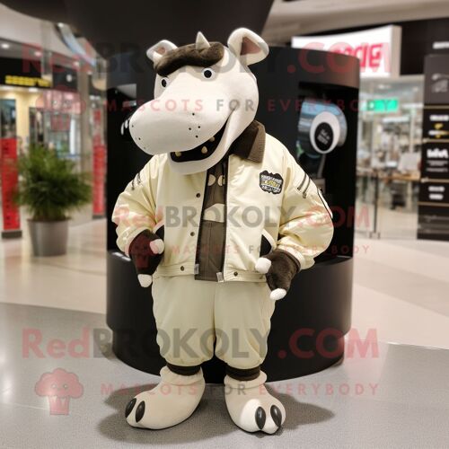 Personnage De Costume De Mascotte Redbrokoly De Tapir Crème Habillé D'un Blouson Aviateur Et De Boucles D'oreilles