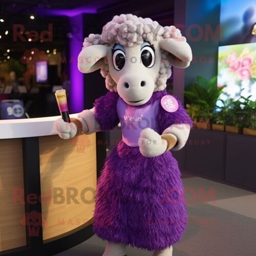 Personnage De Costume De Mascotte Redbrokoly De Bélier Violet Habillé D'une Robe De Cocktail Et D'épingles À Cheveux