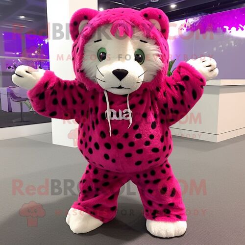 Personnage De Costume De Mascotte Redbrokoly De Léopard Magenta Habillé D'un Pull Et De Coussinets De Pied