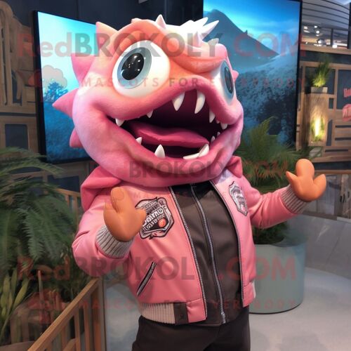 Personnage De Costume De Mascotte Redbrokoly De Piranha Rose Habillé D'une Veste En Cuir Et De Montres