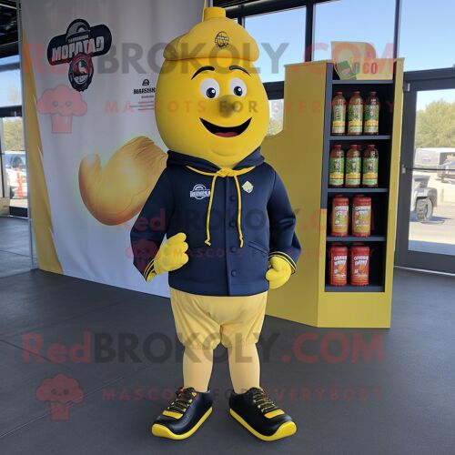 Personnage De Costume De Mascotte Redbrokoly Bouteille De Moutarde Bleu Marine Habillé D'un Short Cargo Et De Lacets De Chaussures