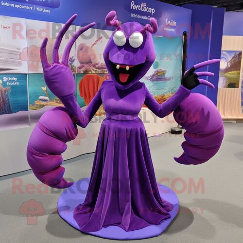 Personnage De Costume De Mascotte Redbrokoly De Biscuit De Homard Violet Habillé D'une Robe De Soirée Et De Lacets De Chaussures