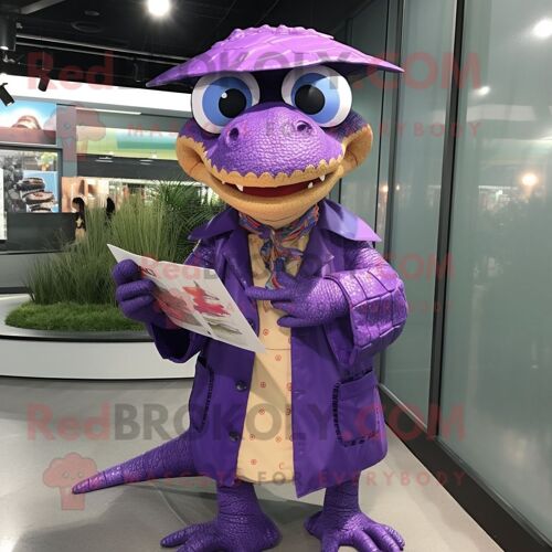 Personnage De Costume De Mascotte Redbrokoly De Crocodile Violet Habillé D'un Imperméable Et De Lunettes De Lecture