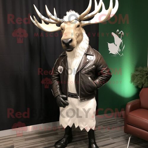 Personnage De Costume De Mascotte Redbrokoly D'élan Irlandais Blanc Habillé D'une Veste En Cuir Et De Boutons De Manchette