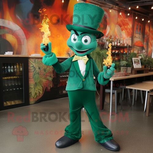 Personnage De Costume De Mascotte Redbrokoly De Cracheur De Feu Vert Forêt Habillé D'une Robe De Cocktail Et D'épingles À Chapeau