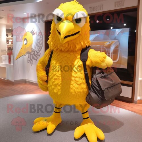 Personnage De Costume De Mascotte Redbrokoly D'aigle Jaune Habillé D'un Jogging Et De Sacs Messenger
