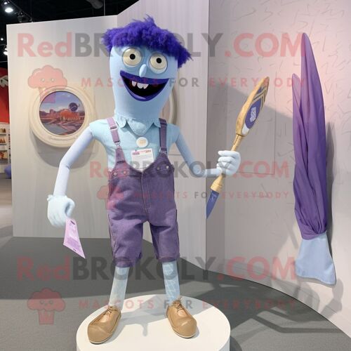 Personnage De Costume De Mascotte Redbrokoly Lanceur De Couteaux Lavande Habillé Avec Un Short En Jean Et Des Épingles À Cravate